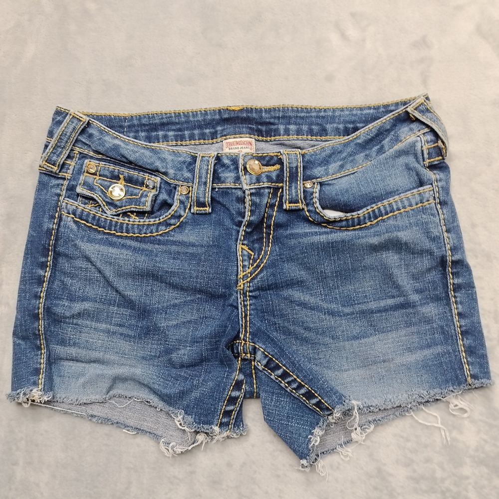 True Religion Shorts Womens 29 Blue Joey Cut Off Low Rise Y2K Boho Made In USA